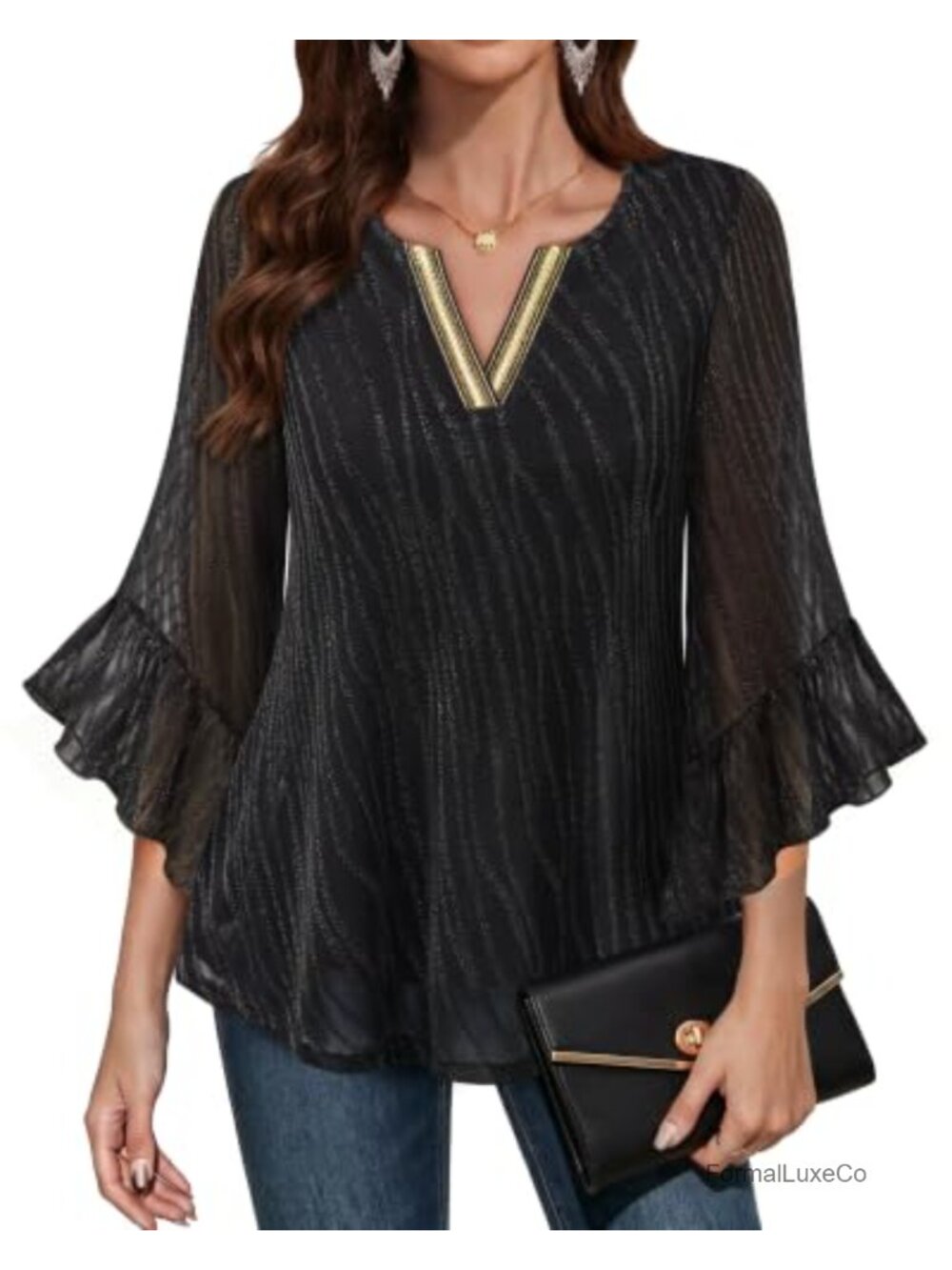 Women's 3/4 Bell Sleeve Ruffle Blouse Stretchy Sparkly Work Top